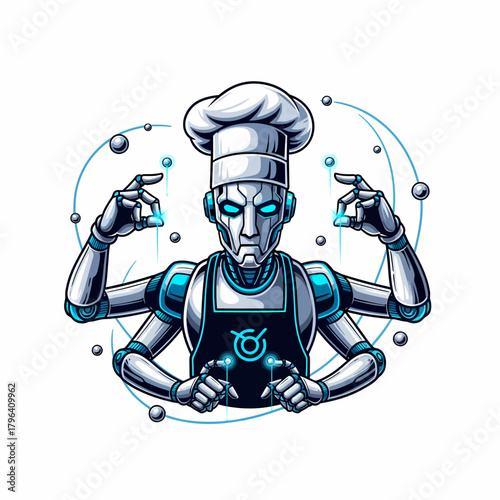 Illustration of a robot chef with four arms cooking with precision
