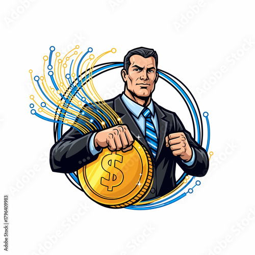 Illustration of determined businessman holding golden dollar coin triumphantly success