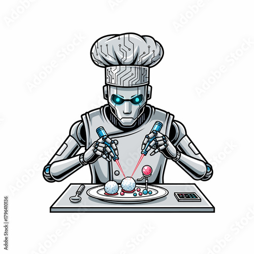 Illustration of robot chef preparing futuristic culinary dessert artfully