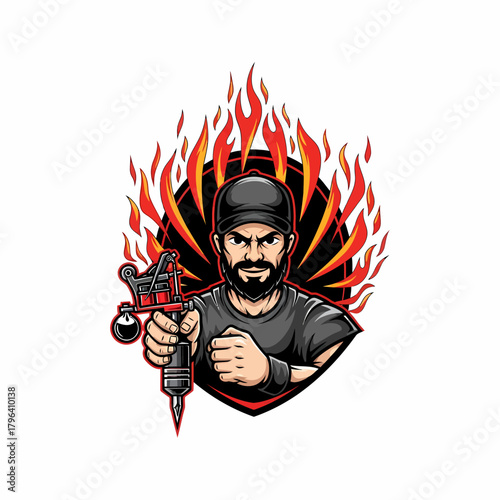 Illustration of tattoo artist holding tattoo machine with flame background