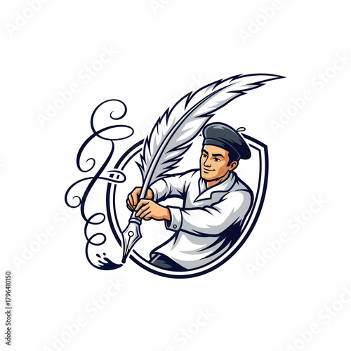Illustration of writer holding a feather pen on heraldic shield