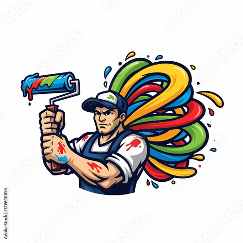 Illustration painter with colorful paint roller and splash background