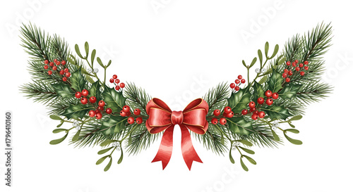 A festive Christmas garland with pine branches, red berries, mistletoe, and a red bow.