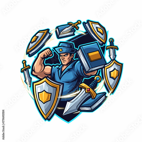Illustration strongman security guard flexing encircled by symbolic protection elements