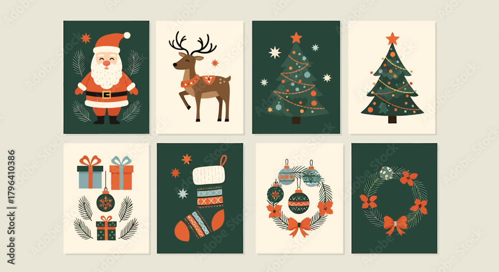 Fototapeta premium A collection of eight modern Christmas greeting cards featuring Santa Claus, a reindeer, trees, and festive decorations.