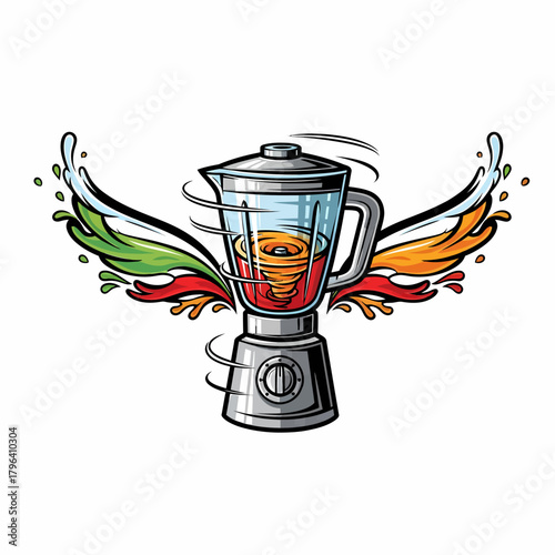 Stylized blender illustration creating smoothie with splash of fruit juice