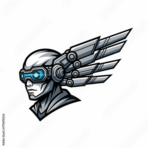 Vector illustration futuristic cyborg with metallic wings and digital interface vision