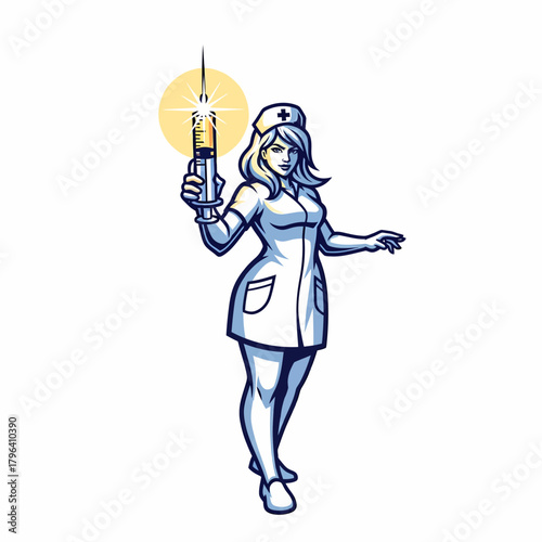 Vector illustration of nurse holding injection with bright light behind it
