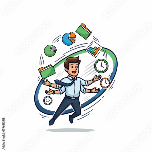 Cartoon business man juggling multiple tasks with charts and documents