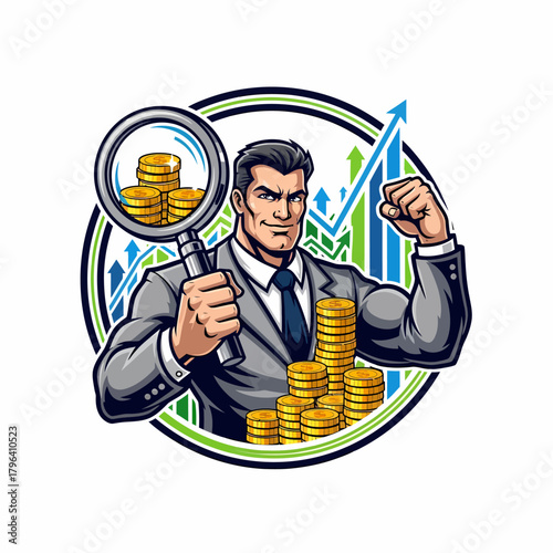 Cartoon businessman examining profit growth with magnifying glass over coins