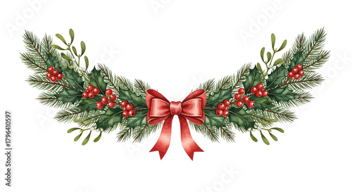 Watercolor Christmas garland decoration with fir branches, red holly berries, mistletoe, and a central red bow.
