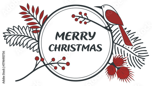 Merry Christmas Native Floral Border Vector Illustration, 