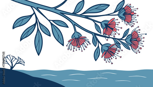Pohutukawa Flowers by the Ocean Vector, An illustration featuring a branch of vibrant Pohutukawa flowers overlooking a calm ocean scene with distant trees
