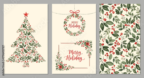 Three Christmas cards with floral designs: a tree, wreath, and pattern.