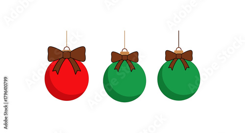 A set of three Christmas baubles, one red and two green, each with a brown bow, isolated on a white background.