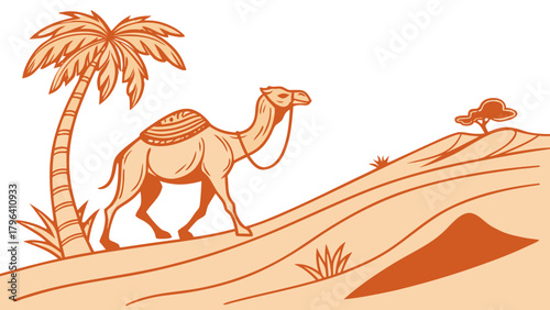 Desert Camel with Palm Tree Landscape Vector,  Illustration of a camel standing on sand dunes next to a palm tree, depicting a desert landscape