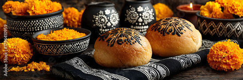 Spanish Mexican traditional holiday, autumn festival Day of the Dead (dia de los muertos) background. With traditional Pan de Muerto bread, decorations and marigold and cempasuchil flowers