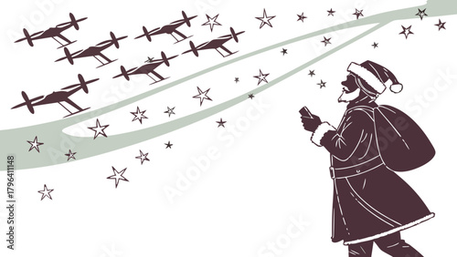 Santa Claus Watching Christmas Airplanes Vector Silhouette,  Illustration depicting Santa Claus looking up at a formation of airplanes flying in a starry sky.