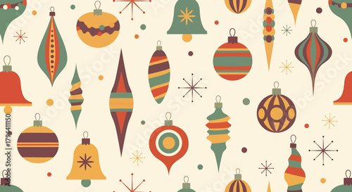 Seamless pattern of retro Christmas ornaments and snowflakes in vintage colors.