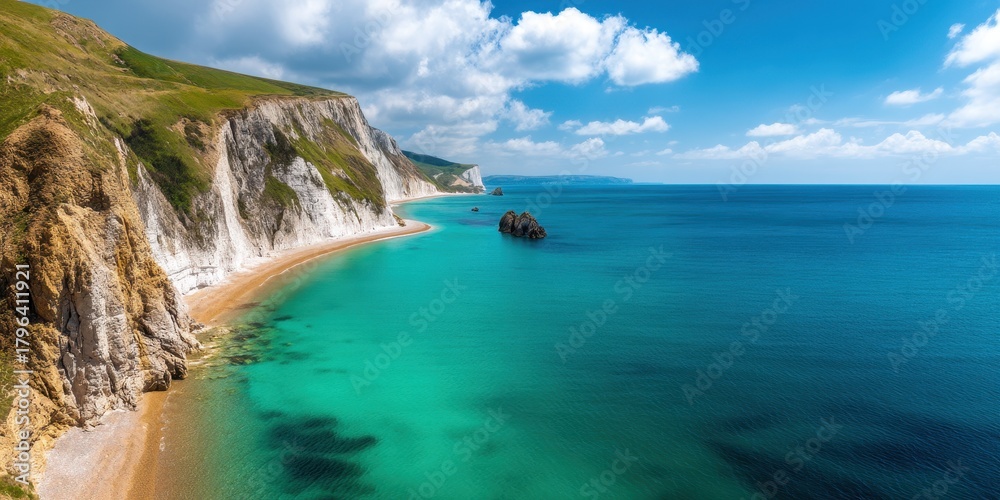 Fototapeta premium Vista Coastline Natural wonder concept. Breathtaking coastal view with cliffs and turquoise waters.