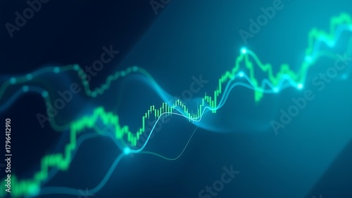 An abstract visualization of flowing financial data in blue and green.