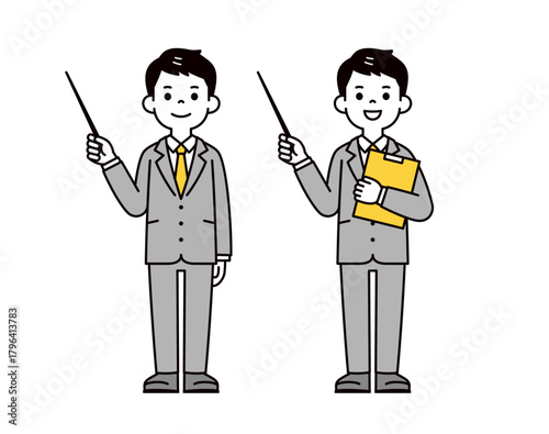 指示棒を持って説明する、スーツを着た20代・30代のビジネスマンの全身ベクターイラスト素材