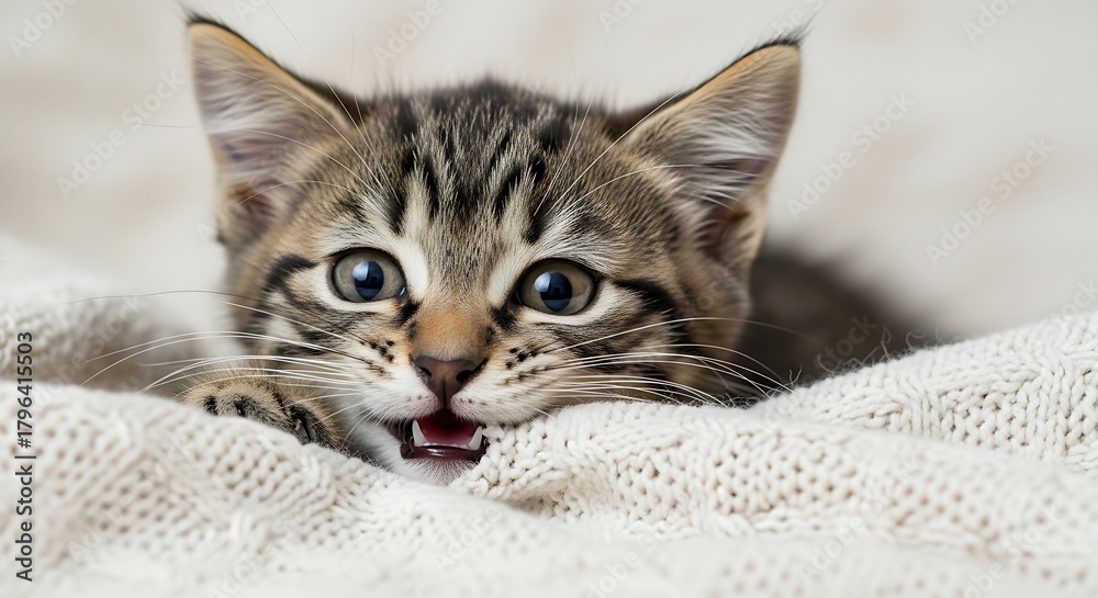 Obraz premium A fluffy kitten relaxing with a soft blurred background, warm gentle lighting, high-quality pet portrait
