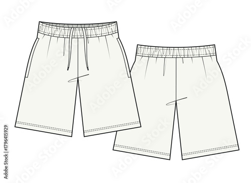 Women's linen shorts front and back view mockup template vector design technical illustration.