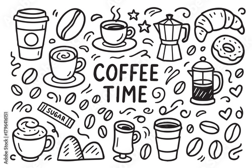 A playful black and white vector background displaying a coffee time doodle pattern made of mugs, beans, swirls of steam, and tiny café symbols that create a cozy, repetitive design.