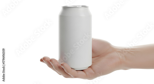 Hand holding a plain white soda can with a blank label on a white background