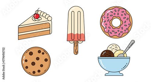 Set of dessert icons including cake ice cream donut cookie and popsicle flat vector illustration for menu design and sweet treat concepts isolated on white