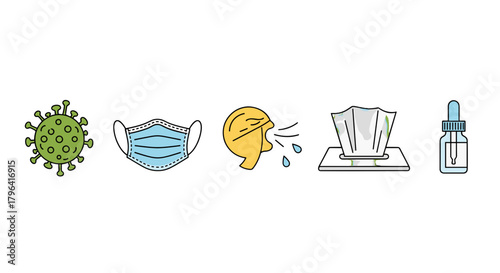 Viral infection prevention and protection set hygiene respiratory illness symptoms and treatment icons