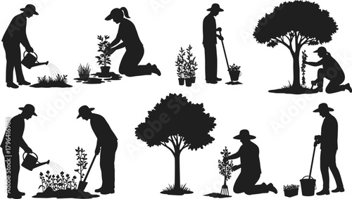 Gardening silhouette vector, plant care clipart, black nature icon, watering and planting pose, tree tending graphic, outdoor activity design