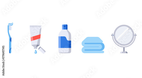 Hygiene essentials set toothbrush toothpaste liquid soap folded towel and mirror isolated on transparent background