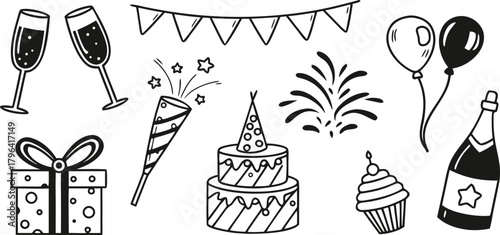 A collection of hand-drawn party and celebration doodles featuring a birthday cake, balloons, champagne, and gift box in a sketchy line art style