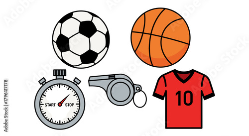 Set of sports equipment including soccer ball basketball stopwatch whistle and jersey isolated on white background