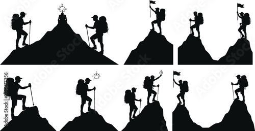 Hiking silhouettes, mountain climber vector, summit pose, adventure icon, outdoor activity, black silhouette, goal achievement, explorer figure, hiking gear