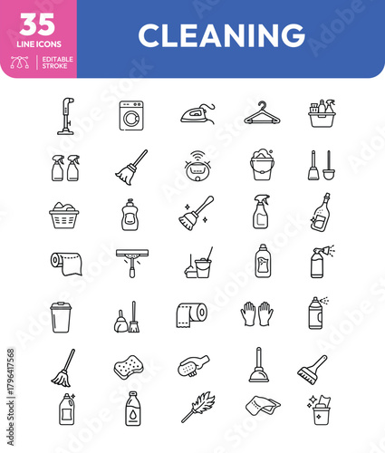 Cleaning Supplies Line Icons Vacuum Washer Iron Bucket Spray and More