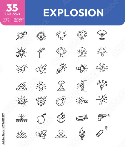 Collection of Explosive and Destructive Line Icons Representing Various Forms of Energy