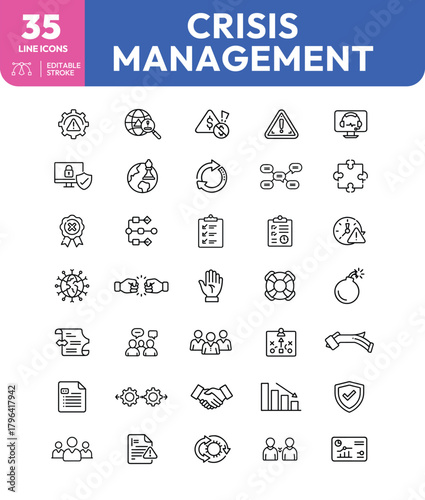 Crisis Management Icons Editable Stroke Line Icons for Problem Solving and Strategy