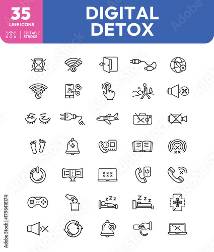 Digital Detox Line Icons Technology Disconnection and Wellness Symbols