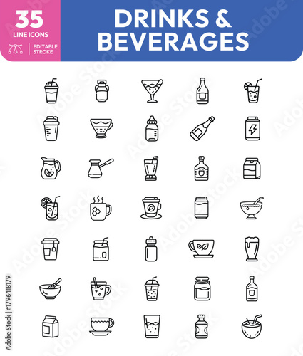 Diverse drink icons coffee cocktails milk juice and more in simple line art