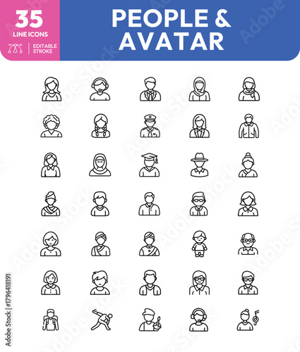 Diverse outline avatars People icons with various professions and cultural attire