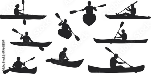 Kayak silhouette vector, canoe paddling clipart, water sport icon, black boat illustration, outdoor activity graphic, rowing motion design