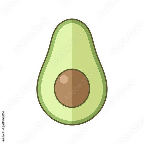 Fresh avocado half with large brown seed isolated on white background, healthy food illustration
