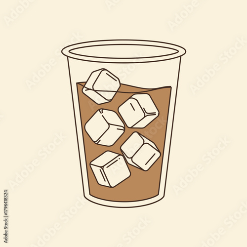 A refreshing iced coffee with ice cubes in a clear glass on a light beige background, perfect for summer drinks and cafe menus