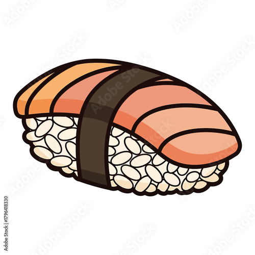 Delicious cartoon illustration of a classic Japanese nigiri sushi, featuring fresh fish on rice and seaweed. Vibrant graphic art captures the essence of Asian cuisine, ideal for food designs