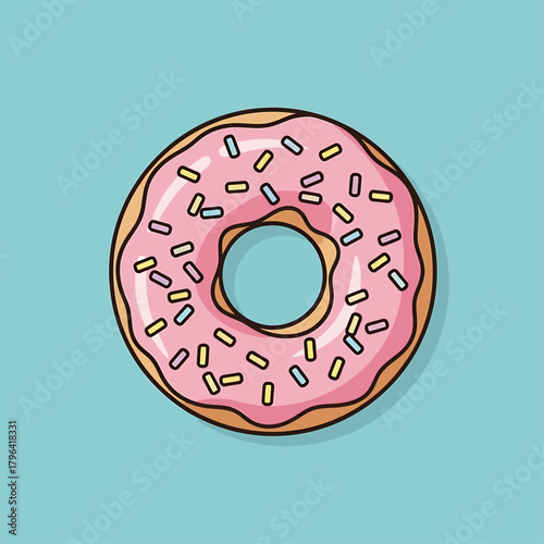 Delicious pink frosted donut adorned with vibrant colorful sprinkles, a classic sweet dessert pastry illustration, perfect for sweet treats and confectionery designs