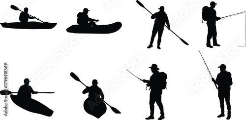Kayaking and fishing silhouettes, outdoor activity vector, black clipart, adventure sport icons, paddler poses, backpack gear, water recreation design