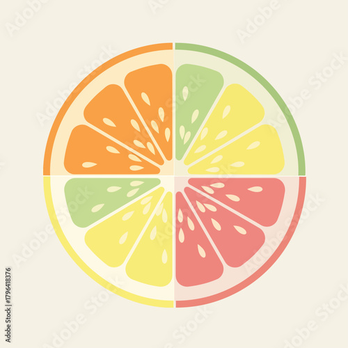 A colorful citrus fruit illustration featuring orange, lime, lemon and grapefruit segments in a vibrant design